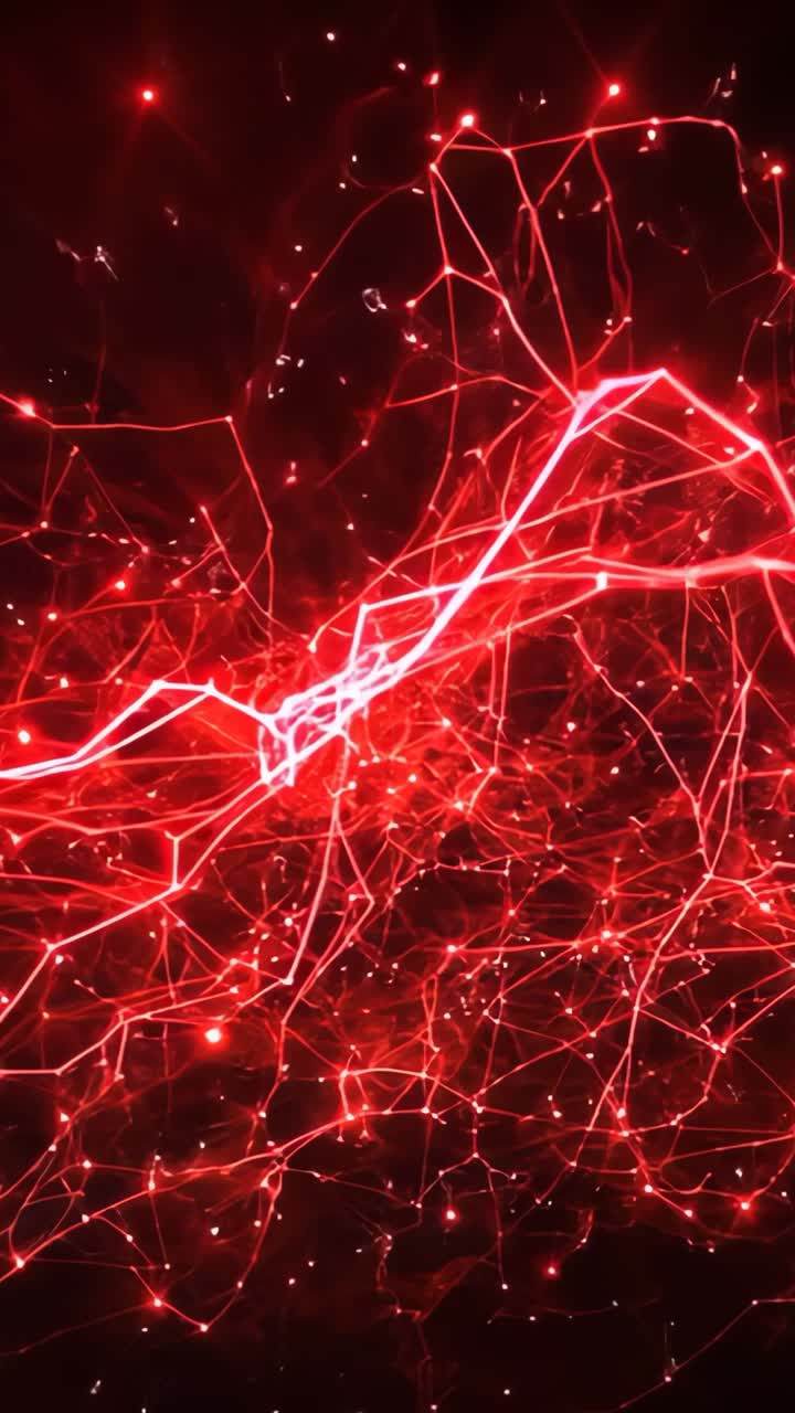 Vertical video: Pulsing nodes energizing central energy beam weaving red network lines in void