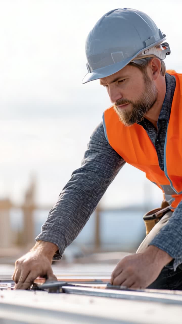 Professional construction worker assessing and adjusting materials on site with focus and precision while wearing safety gear and orange vest for visibility