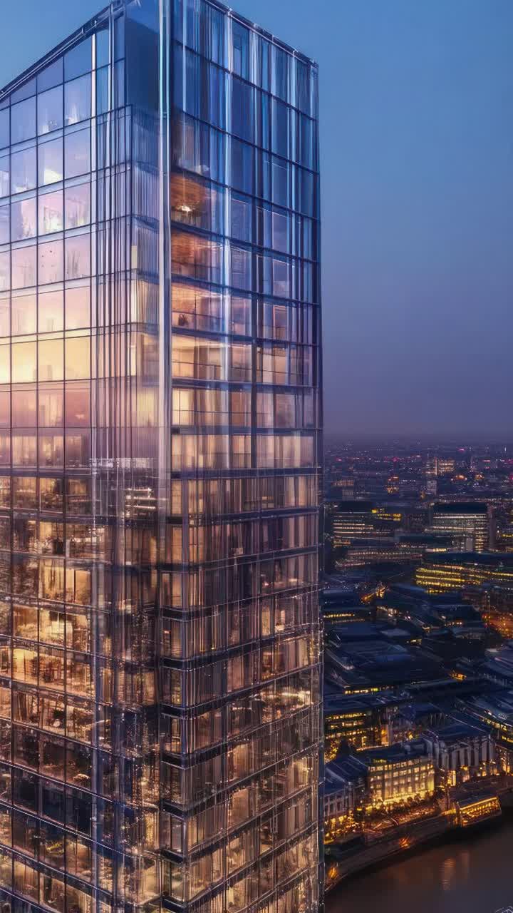 Aerial video angle of a modern glass skyscraper at dusk, capturing city lights and reflections