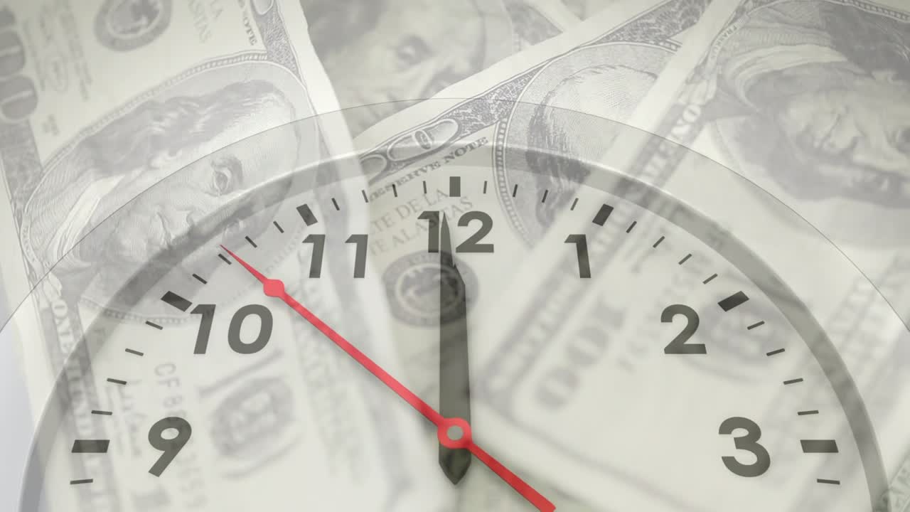 Animation of clock moving over banknotes