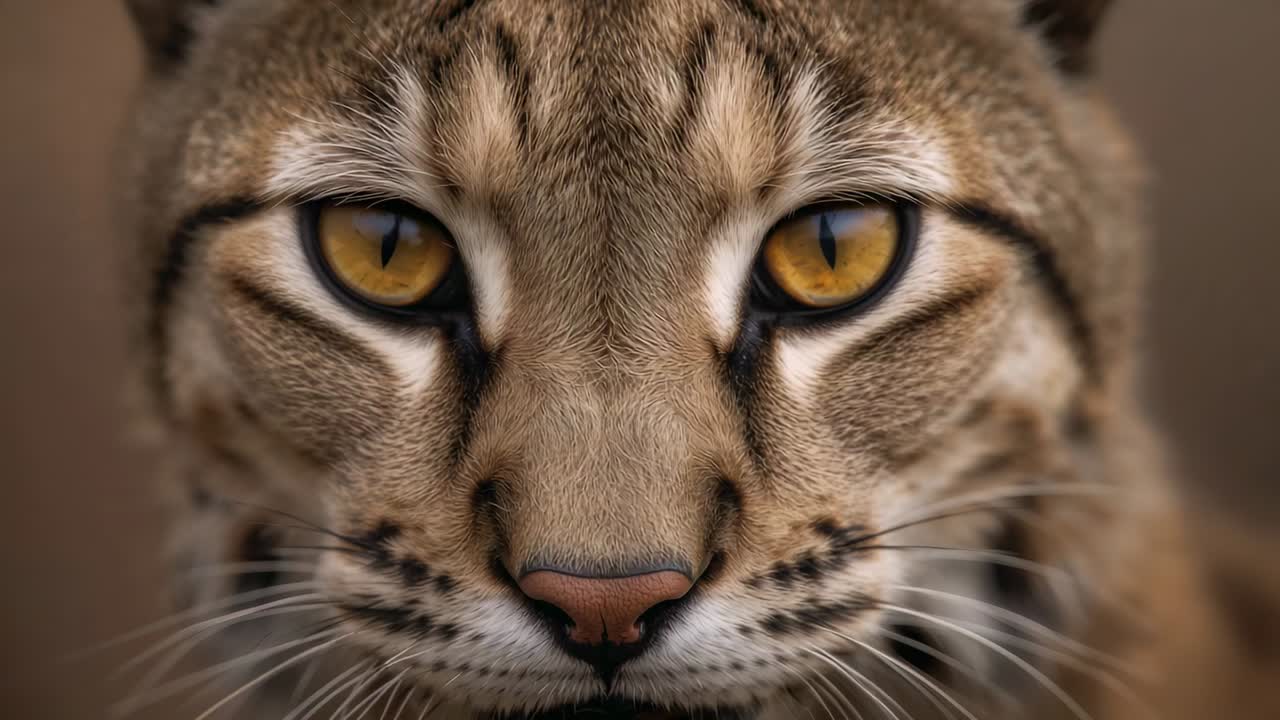 Camera focusing causing wild cat narrowing amber eyes and lowering head at warm brown backdrop