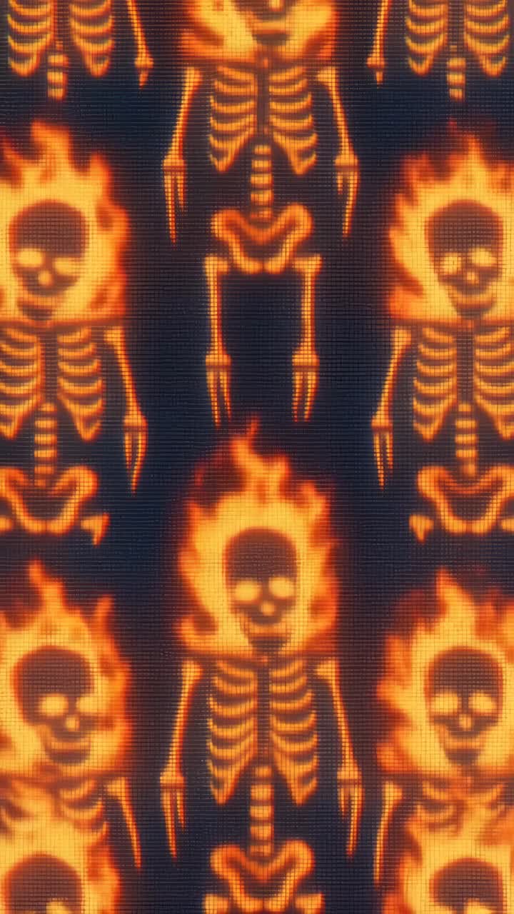 A digital art video concept featuring fiery skeletons in a repeating pattern