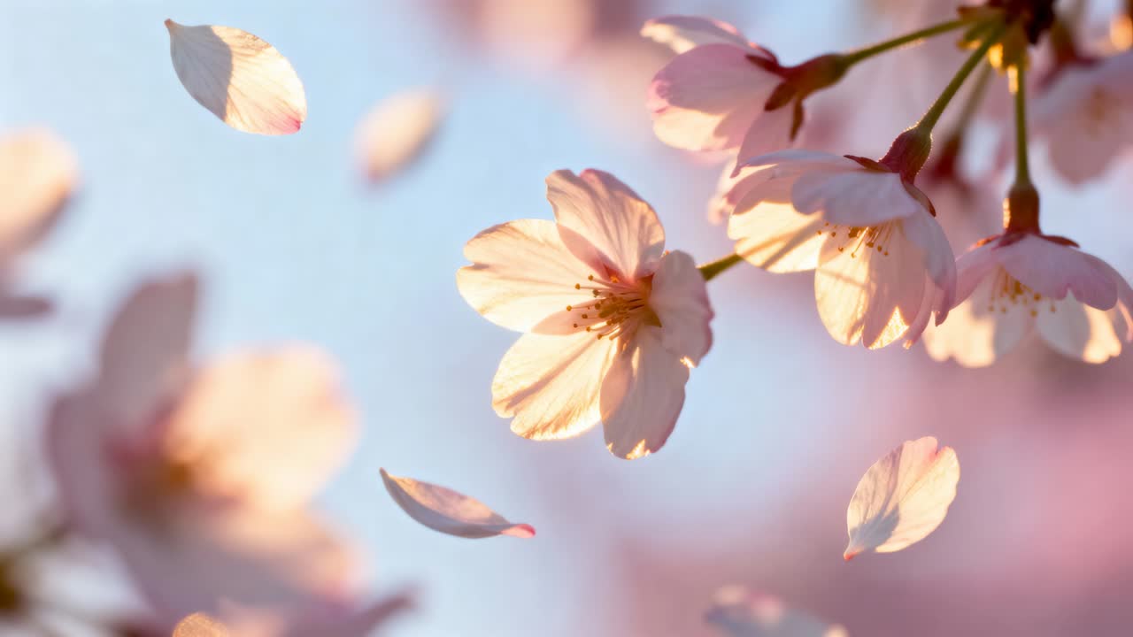 Drifting blossom cluster shedding pale pink petals in garden, mild breeze lifting them skyward