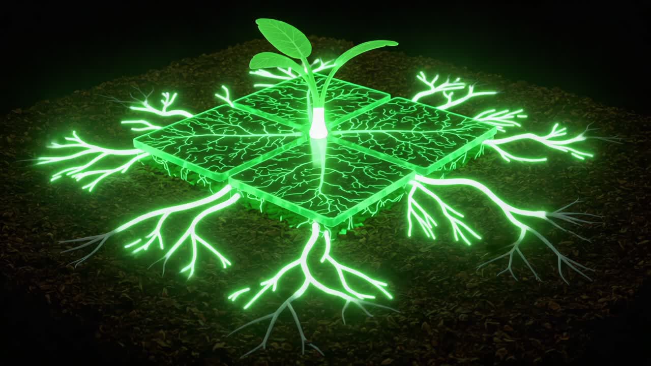 Illuminated Green Plant with Roots on a Neon Grid: A Visual Representation of Nature's Connection to Technology and Growth