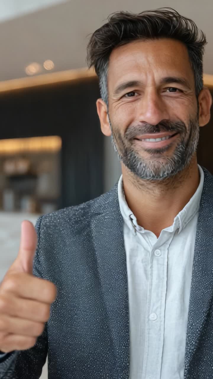 A Confident Man with a Warm Smile and a Thumbs Up Gesture Encourages Positivity and Happiness in a Welcoming Environment