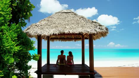 caucasian couple outdoors in a tropical beach hut