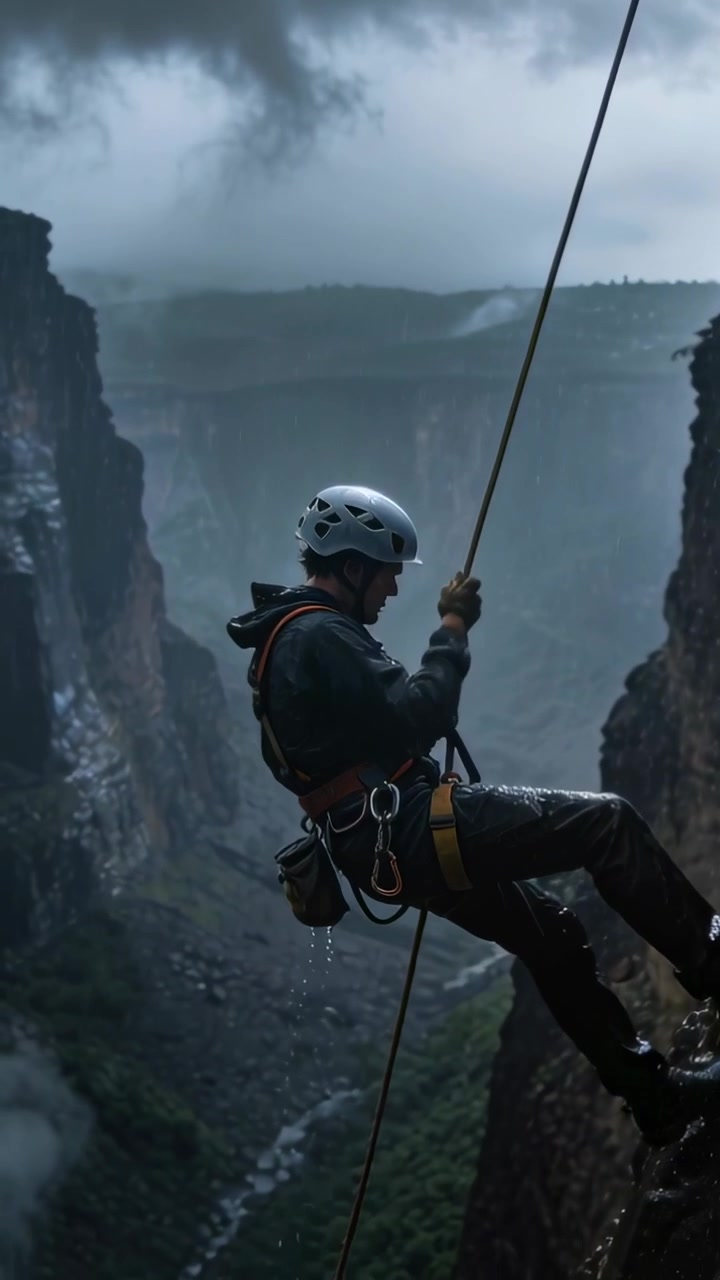 Video verticale: Discesa di un arrampicatore con ancoraggio, con casco e giacca bagnata, che si cala con l'imbracatura nella gola.