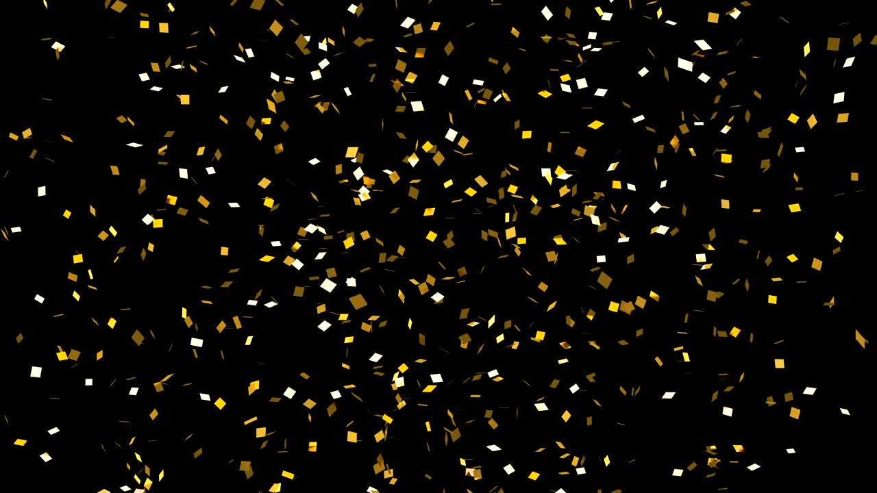fiesta de confeti dorado. explosiones de petard y caídas en el fondo negro. clave de croma verde incluida.