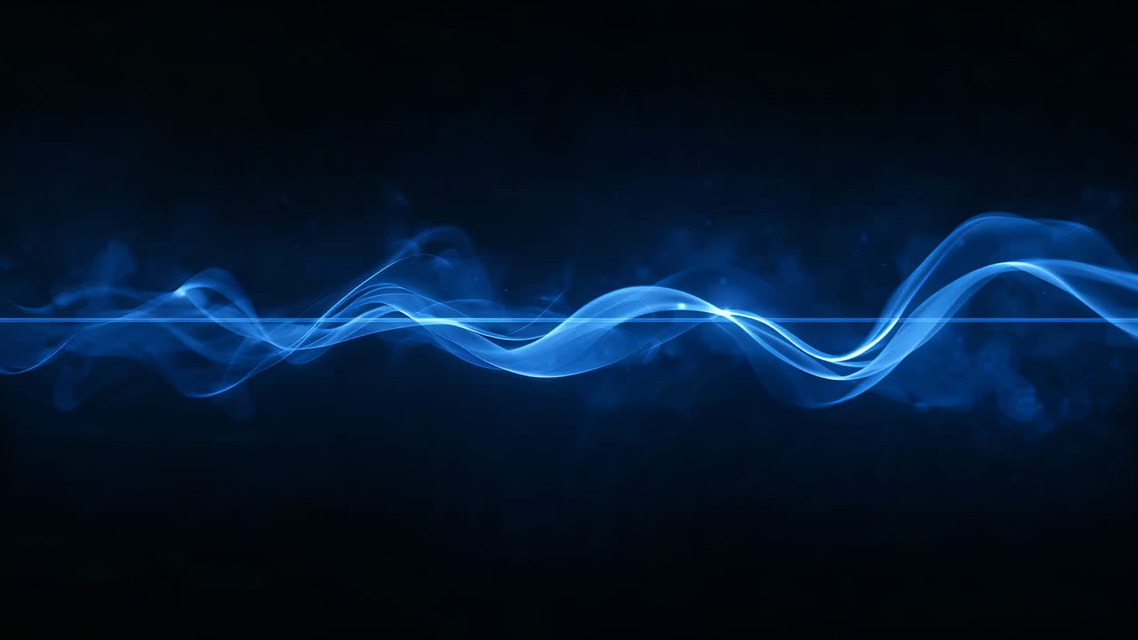Shifting blue wave ribbon across black void with bright center line, smoke wisps, simulating signal