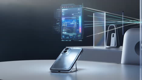 futuristic smartphone with holographic data display