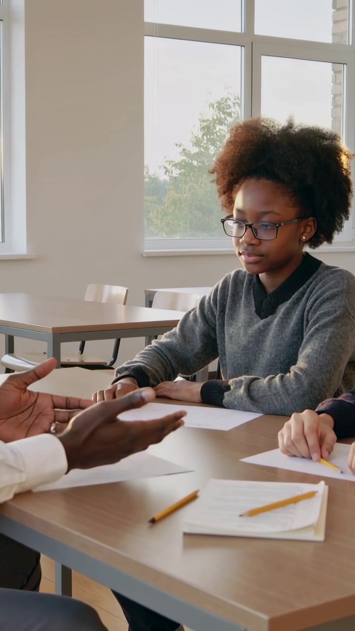 Vertical video: Talking tutor guiding pupil in gray top, glancing, noting papers at school to study