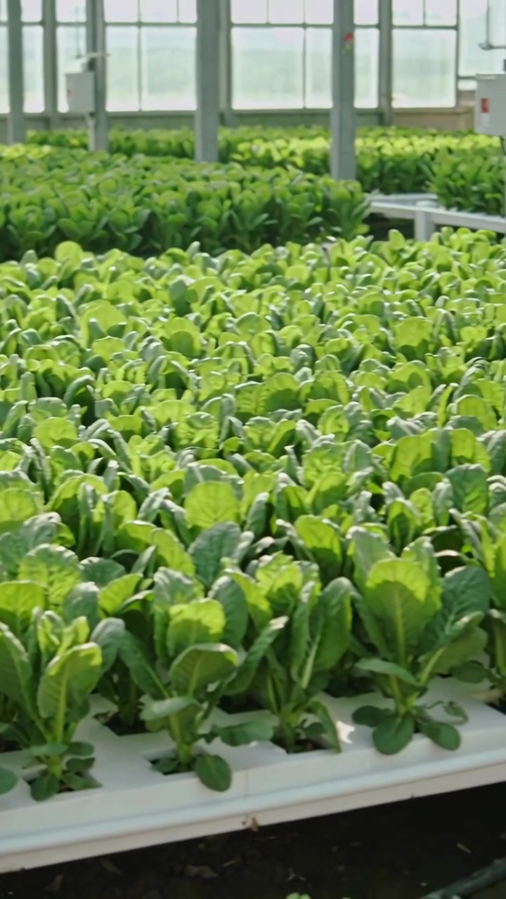 Vertical video: Timer starting pan, camera showing leafy greens on white trays to reveal greenhouse
