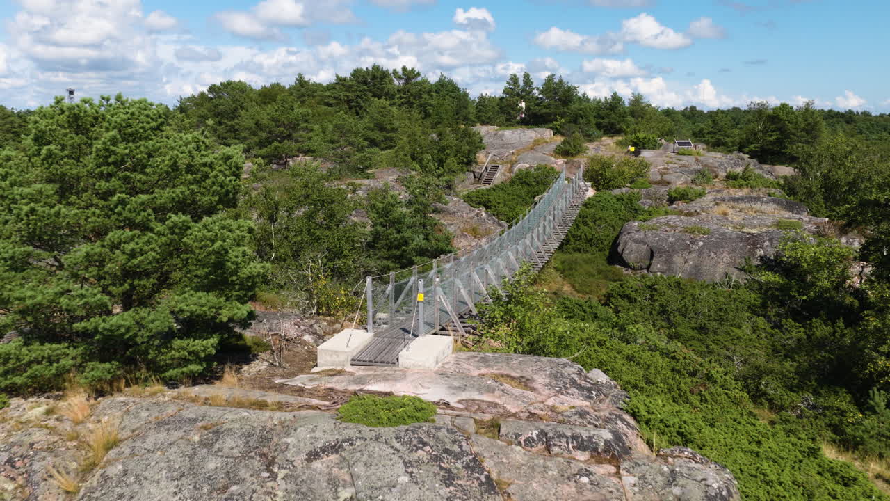 Vista aerea che sorvola il ponte sospeso sull'isola di Oro, estate in Finlandia