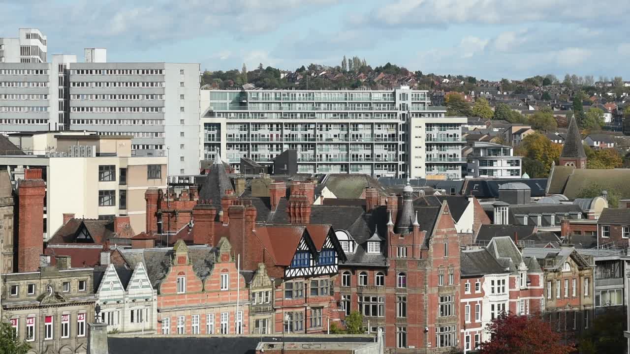 Overlooking Nottingham city in the afternoon, showcasing the urban skyline, historic architecture and cityscape of Nottingham, England. Perfect for projects about UK cities or travel