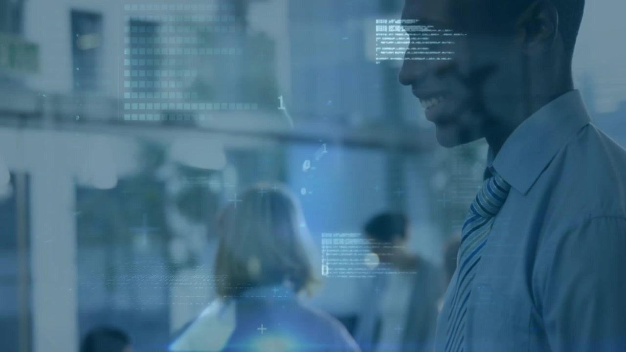 Animation of flying binary code, programming language, smiling african american man using cellphone