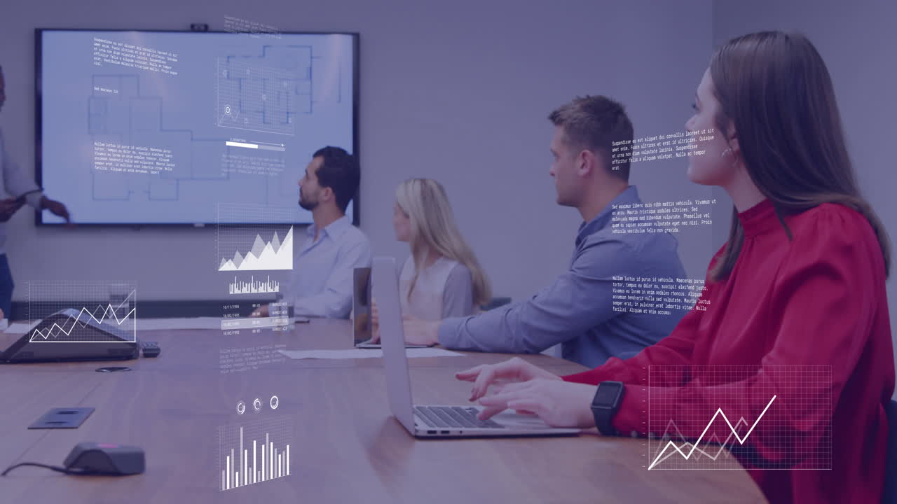Animation of data processing over diverse colleagues at meeting in office