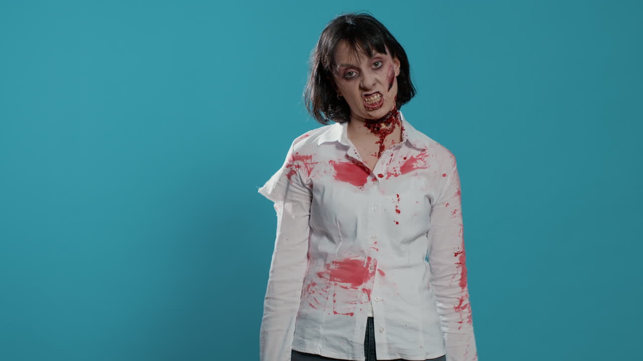 Evil creepy brain dead zombie giving thumbs down hand sign while standing on blue background