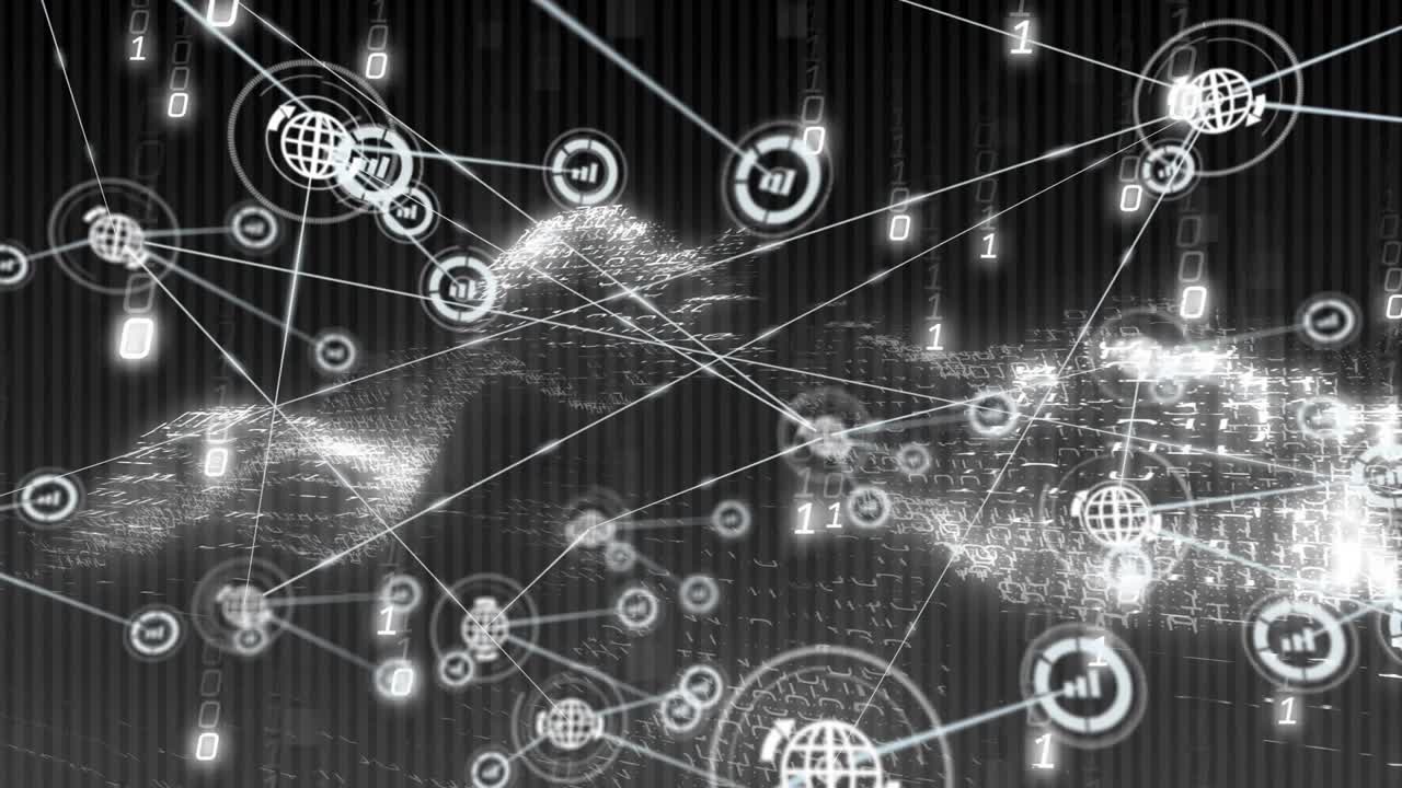 Central globe icon appearing, network extending nodes and streaming digits showing tech data flow