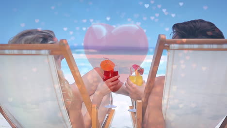 animation of a couple sitting on chairs at the beach against pink hearts