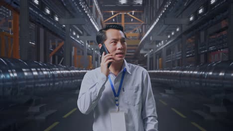 asian male professional worker standing with metal pipes, he pick the phone up and started to speaking with it