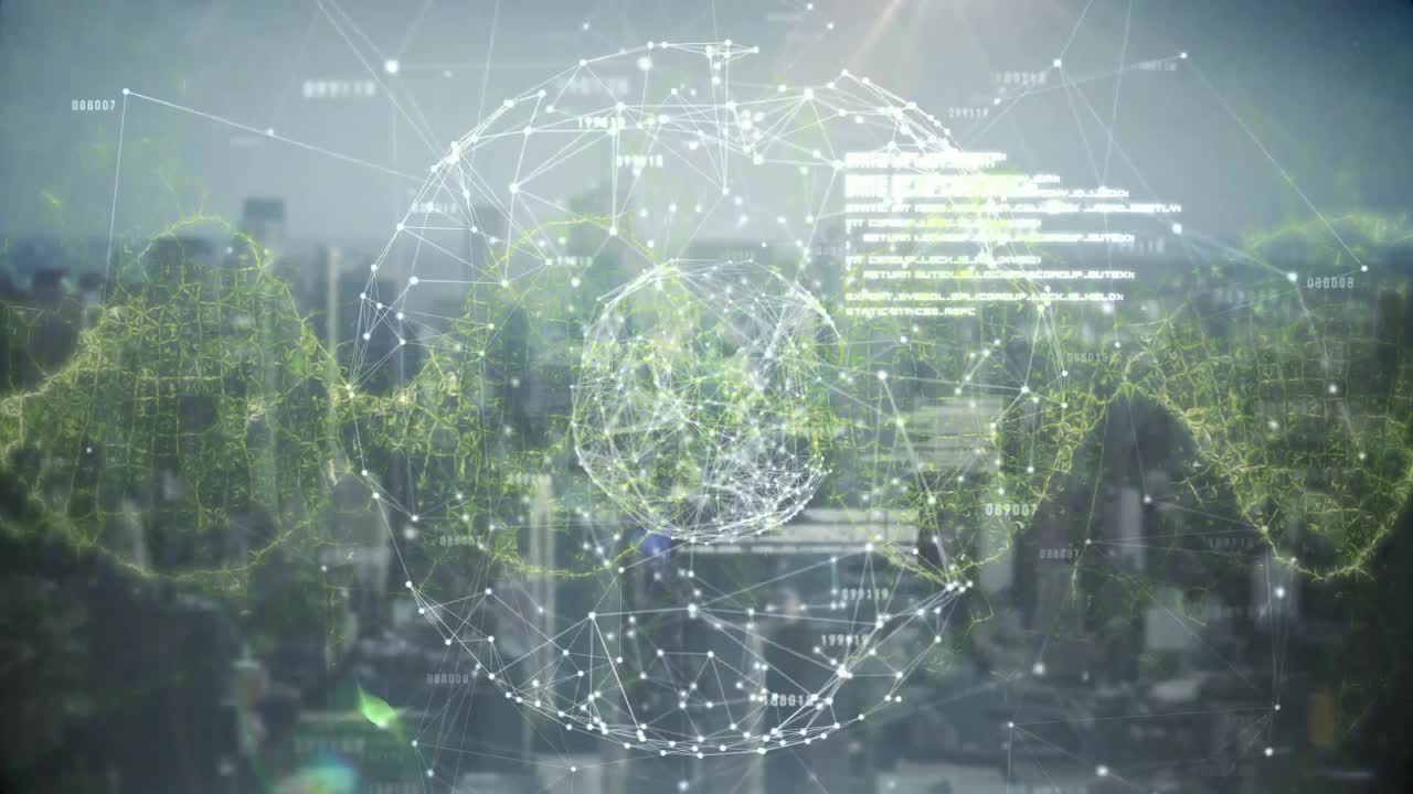Upon fading sphere pulsing nodes waveform emerging code scrolling showing data network over skyline