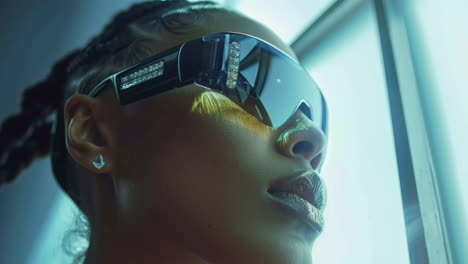 robot cyborg femenino con auriculares de realidad virtual hecho en ai