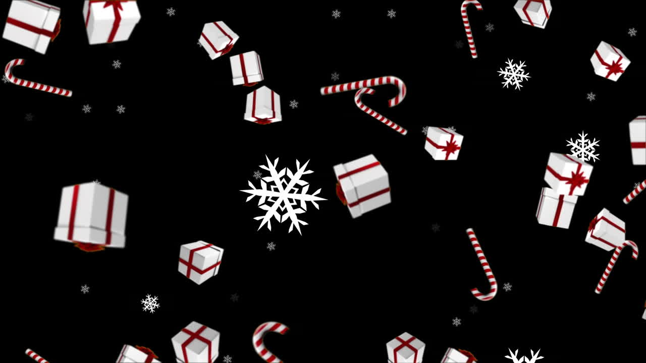 animación de regalos de navidad y nieve cayendo sobre fondo negro