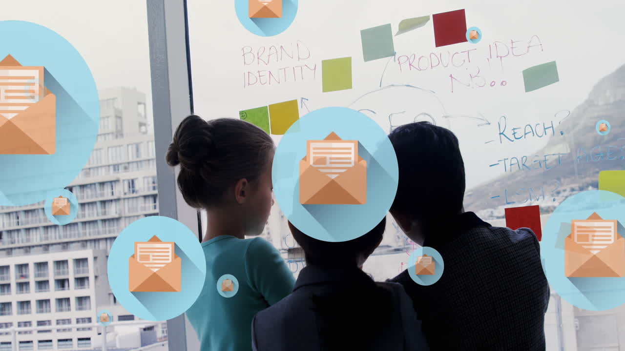 Animation of digital icons with data processing over diverse business people in office