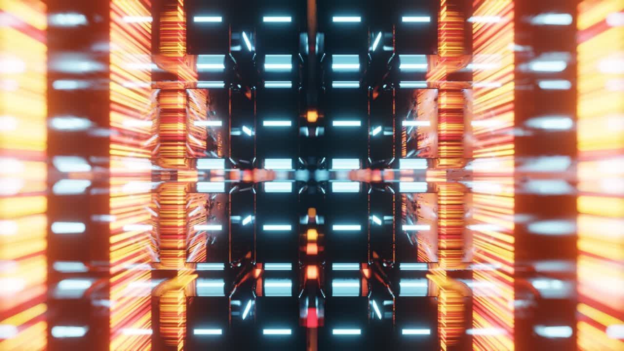 volar a través de diseños de espejo forman tecnología de túnel ciberespacio con brillo de neón. vuelo de ciencia ficción a través de la complejidad del diseño. luz de neón 3d en bucle sin costuras 4k fondo brillante.