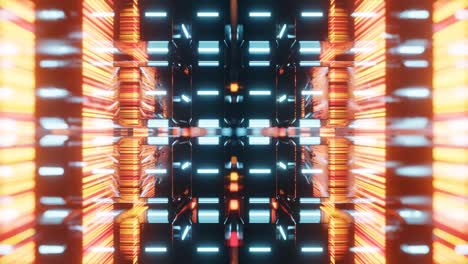 volar a través de diseños de espejo forman tecnología de túnel ciberespacio con brillo de neón. vuelo de ciencia ficción a través de la complejidad del diseño. luz de neón 3d en bucle sin costuras 4k fondo brillante.