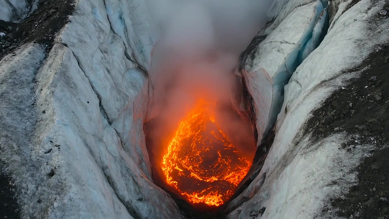 Contacting glacier ice, glowing molten lava pool emitting steam and melting ice in crevasse