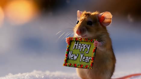 cute mouse holding a happy new year sign in the snow