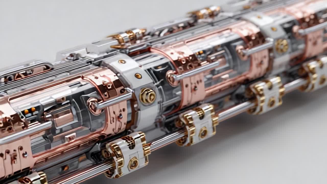 Intricate Mechanical Design: A Close-Up Look at a Futuristic, Metallic Cylinder with Exposed Components and Dynamic Engineering Features