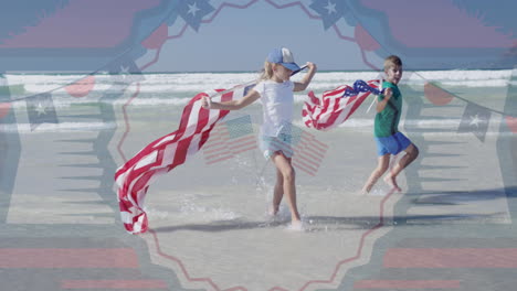 animation of cotillion and usa flags over happy caucasian girl and boy running on beach