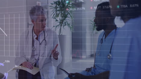 animation of multiple graphs and trading boards over diverse doctors discussing in hospital