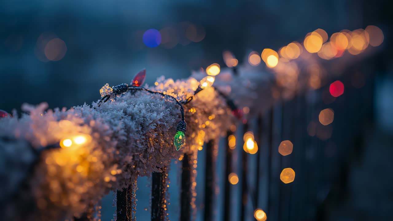 Glowing red green amber bulbs on frosted balcony railing, camera shifting focus and brightening