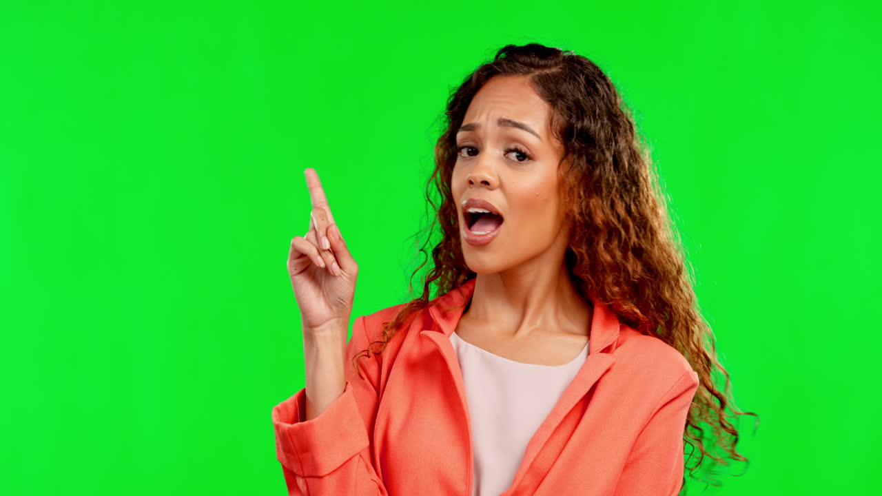 Woman, no and finger wagging by green screen to