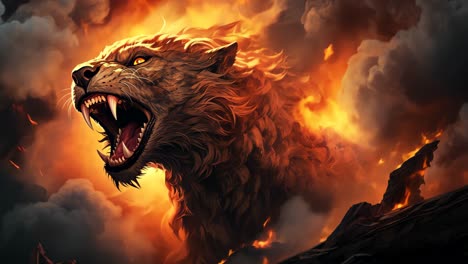 fierce lion head roars amidst fiery clouds in dramatic setting