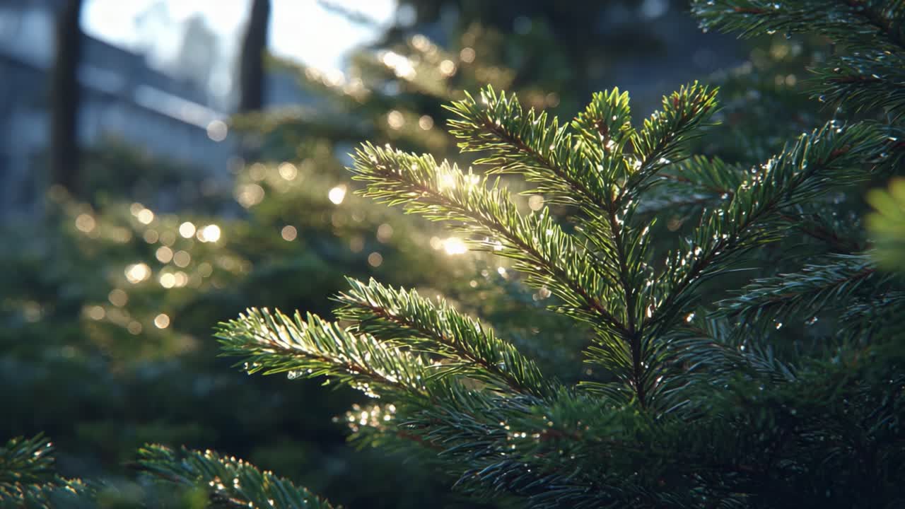 A Glimmering Moment: Captivating Sunlight Filtering Through Evergreen Foliage Illuminating a Serene Natural Landscape