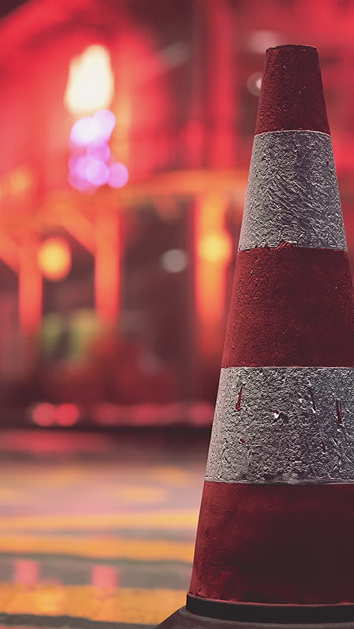 cono de tráfico rojo en una calle por la noche