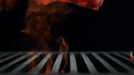 raw chicken thigh falling onto the grill grate flaming in slow motion, bbq on the black background