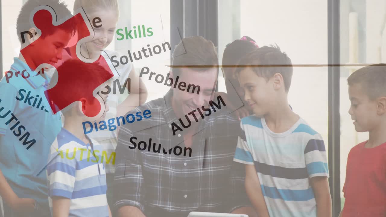 анимация красочных кусочков головоломки и текста об аутизме над школьниками с учителем-мужчиной