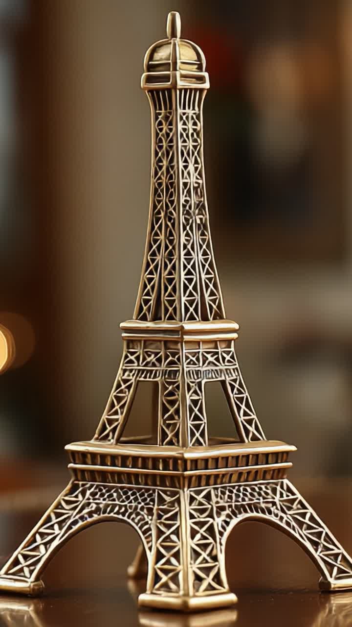 Un primo piano dettagliato di un modello della Torre Eiffel dal design elaborato, che mostra motivi e finiture intricati, ideale per la decorazione domestica o la collezione di souvenir.