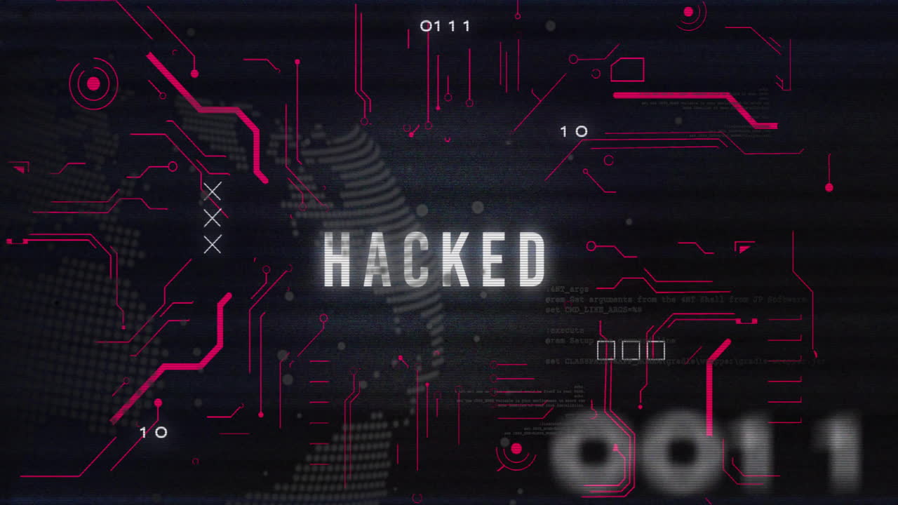 texto hackeado sobre mapa del mundo digital y animación de código binario