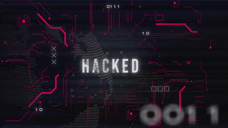 Hacked text over digital world map and binary code animation