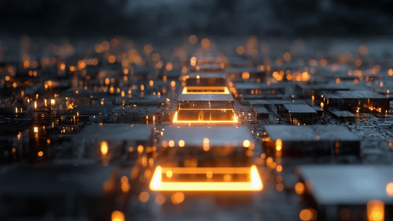 Advanced central processor on a circuit board sending signals and processing data for artificial intelligence. Futuristic technology with glowing orange components and a digital network connection