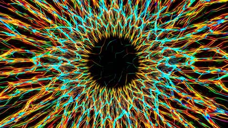 colorful lines create a mesmerizing, abstract animation, radiating outwards from a central dark circle, resembling a cybernetic iris or a complex neural network