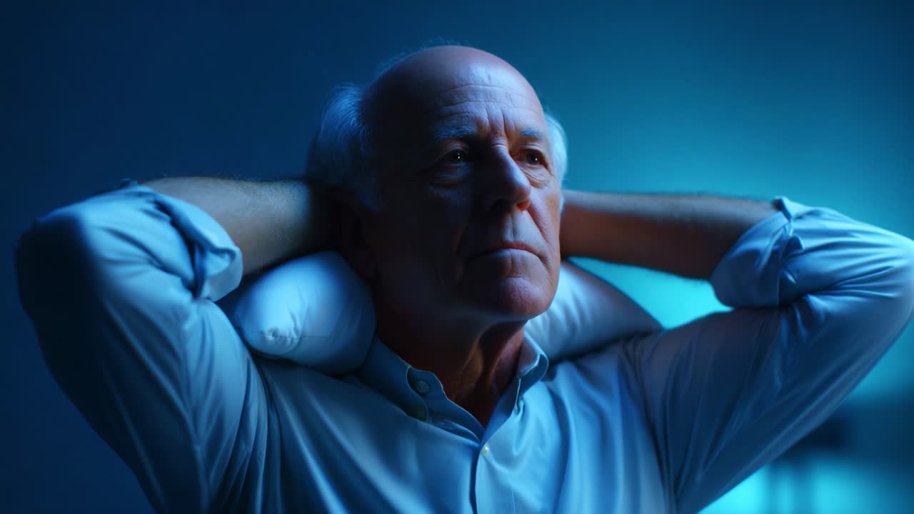 An introspective moment captured in serene blue lighting, featuring an elderly man contemplating life while resting his head on his arms, evoking a sense of tranquility and deep thought in a peaceful setting