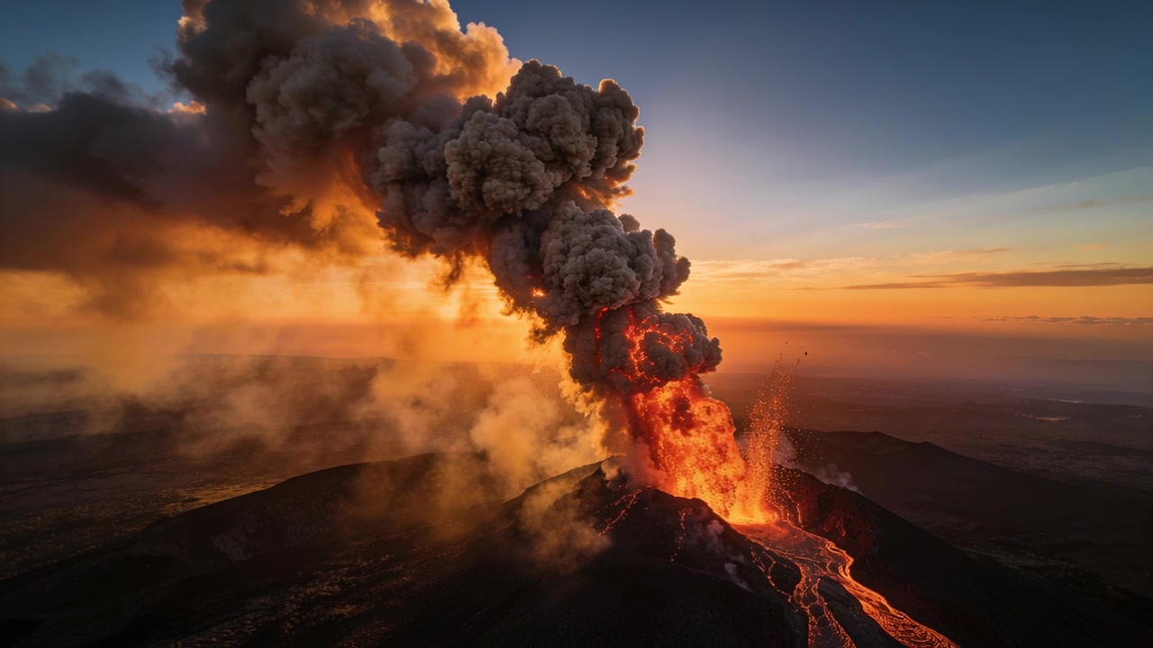 Vulcano in eruzione che emette un pennacchio di cenere e lava dopo un'ondata di magma, da una vista aerea elevata, con lava incandescente.