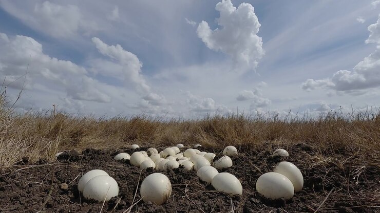 Clutch of Ostrich eggs nestled in muddy soil in savannah
